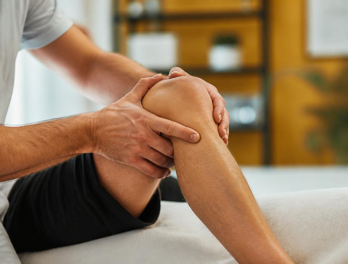Therapeutische Behandlung am Knie in warmer Praxisatmosphäre
